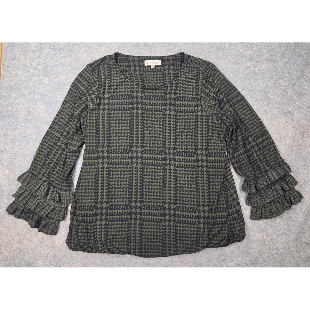 Philosophy Woman Green Black Houndstooth Ruffle Cuff Blouse 2X RN 93178